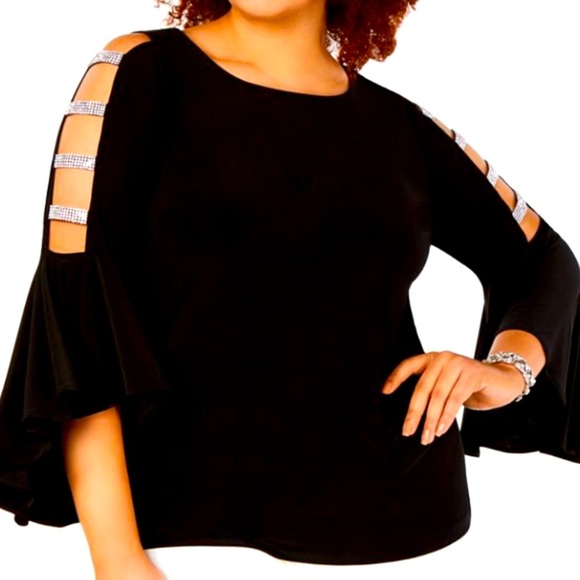 MSK Tops - MSK women embellished bell sleeve top. Rhinestone peek boo Bell sleeves. 1x